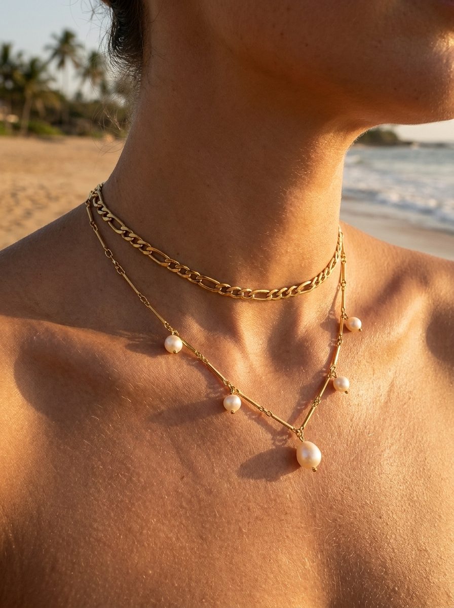 Santorini Pearl Necklace styled with Positano Necklace
