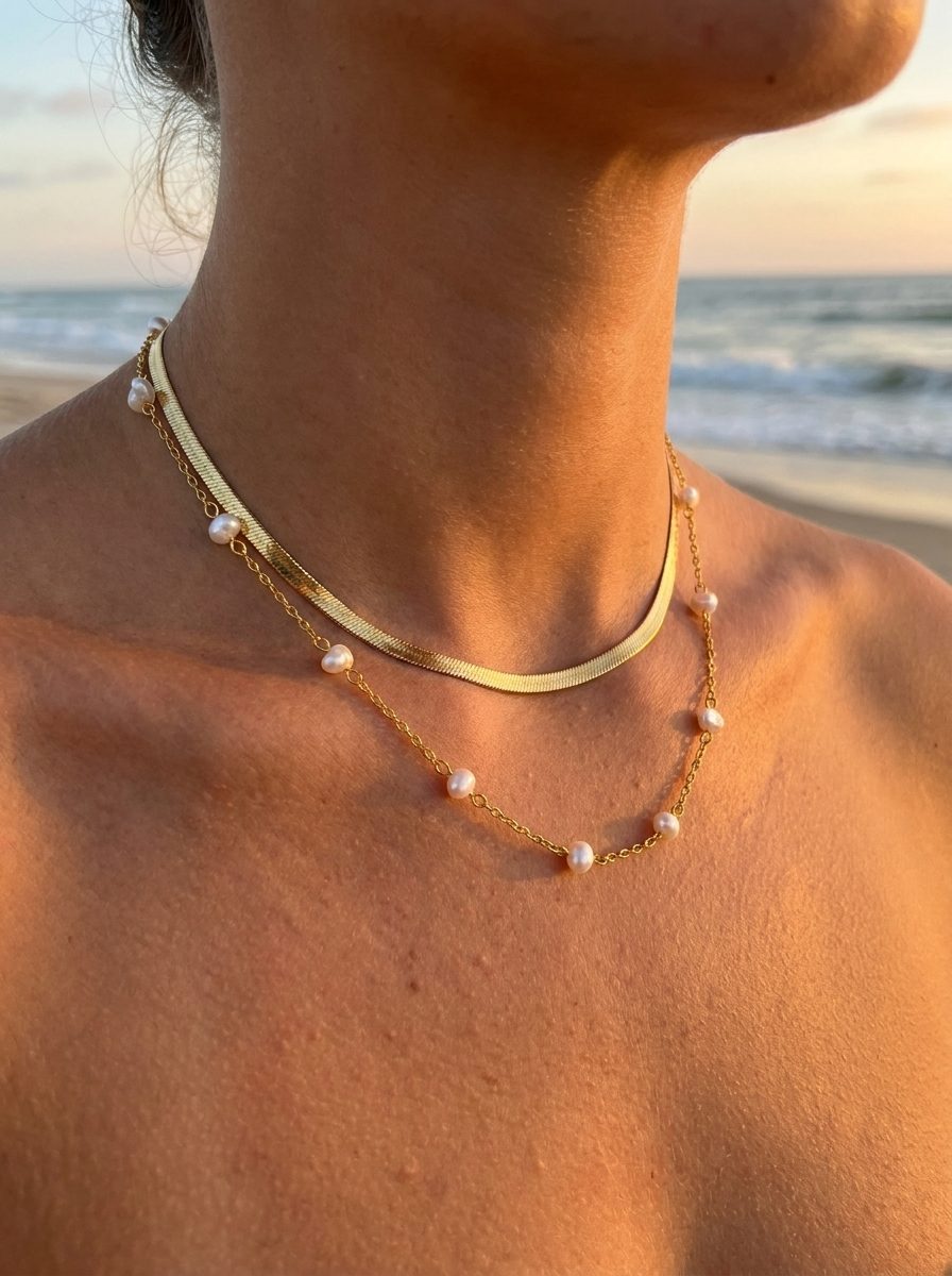 Chelsea Herringbone Necklace styled with Laney Pearl Necklace
