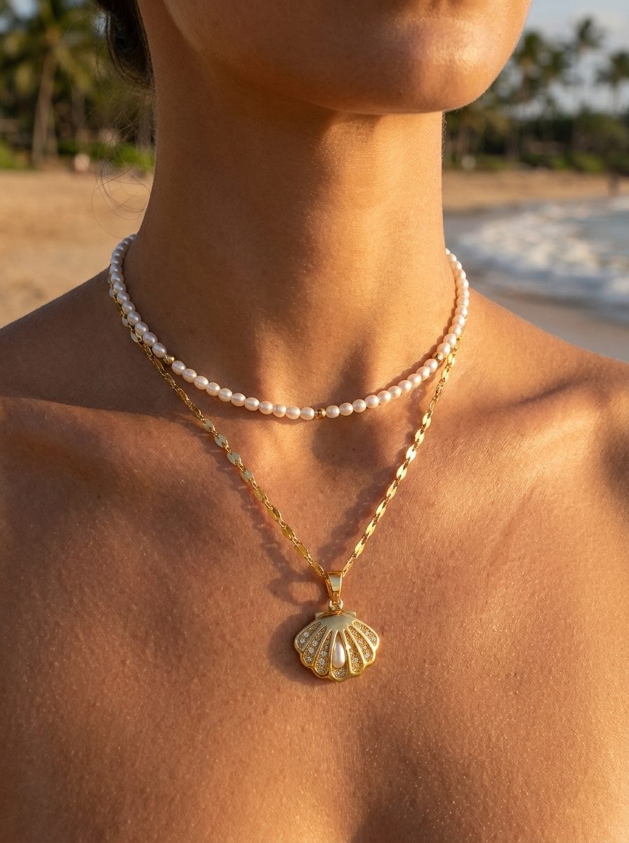 Aloha Pearl and Gold Choker styled with Waikiki Pearl Necklace