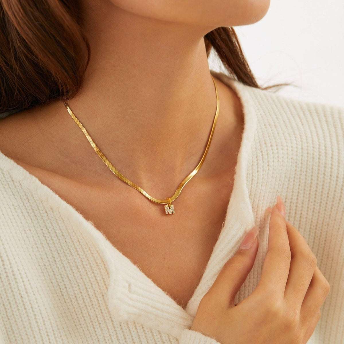 Melly® Diamond Initial Herringbone Necklace (Bundle)