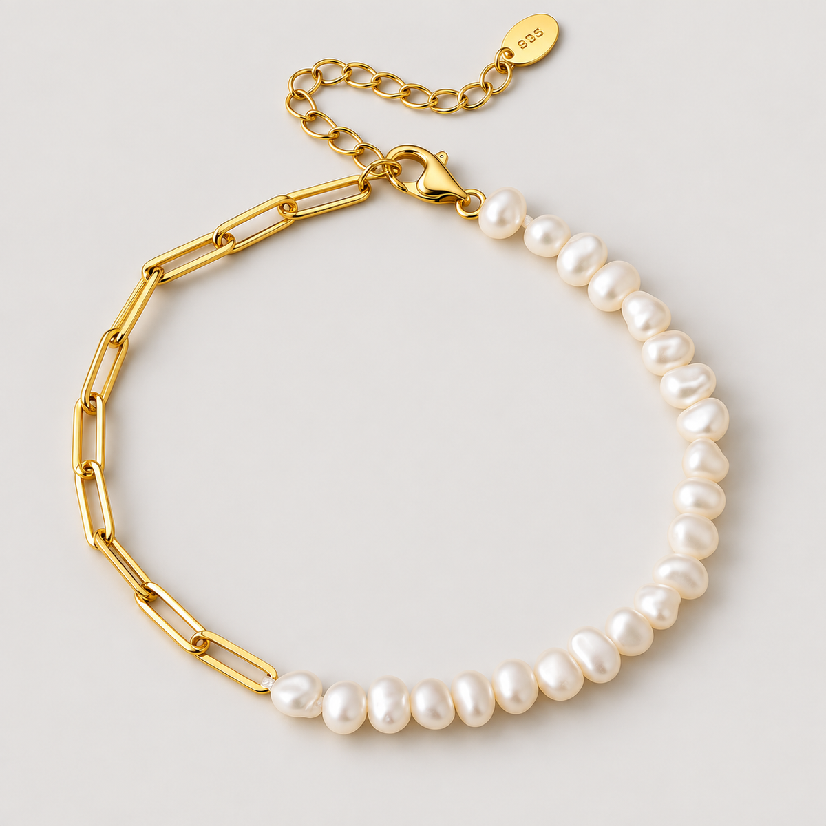 Rhoni® 14K Gold Paper Clip Pearl Bracelet — studio product photograph