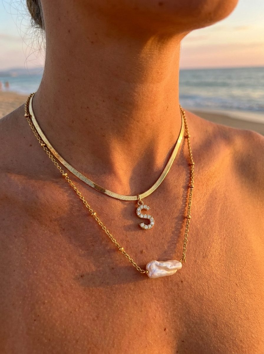 Melly® Diamond Initial Herringbone Necklace styled with Helios Pearl Necklace