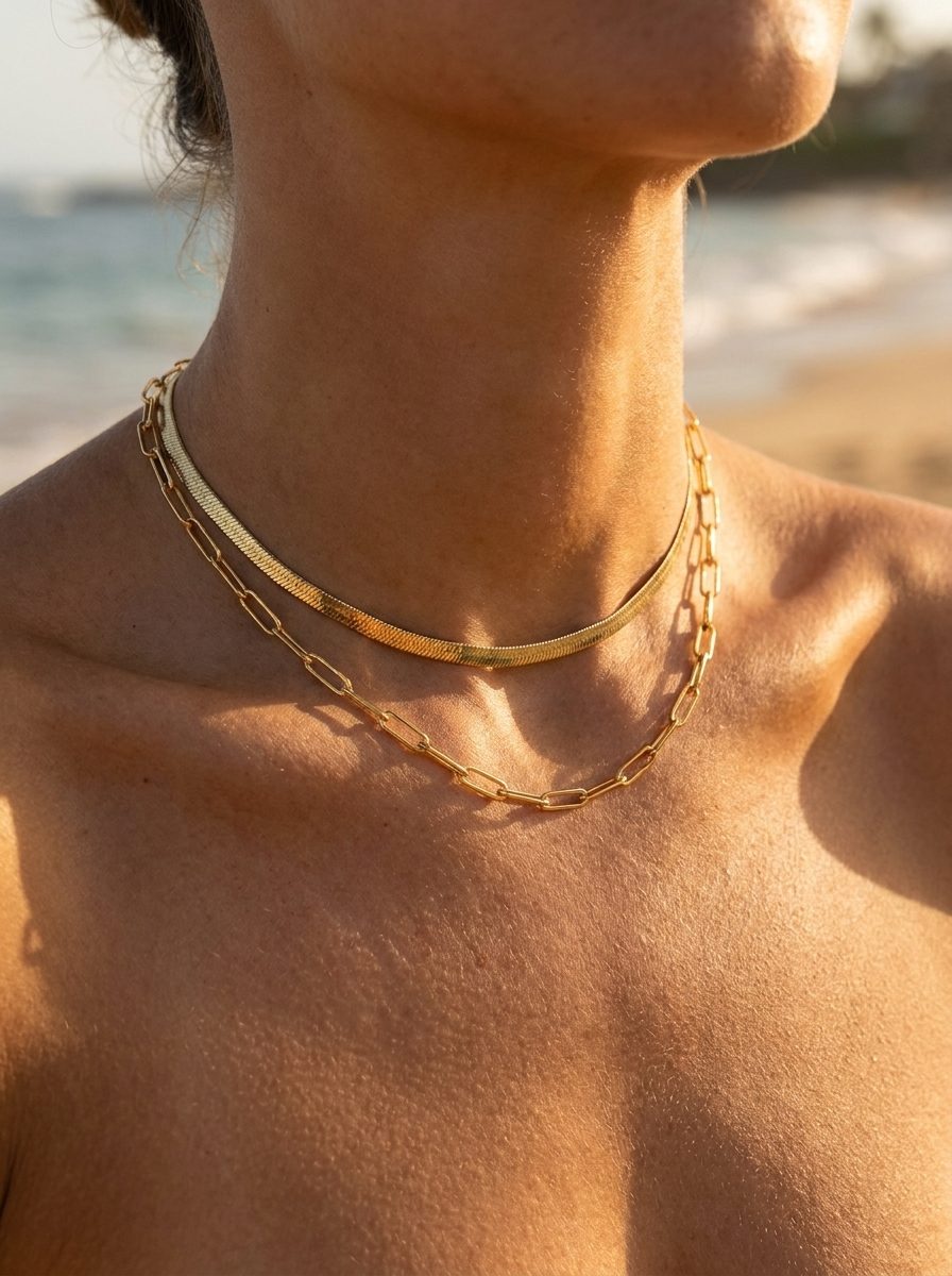 Chelsea Herringbone Necklace styled with Maui Paperclip Necklace