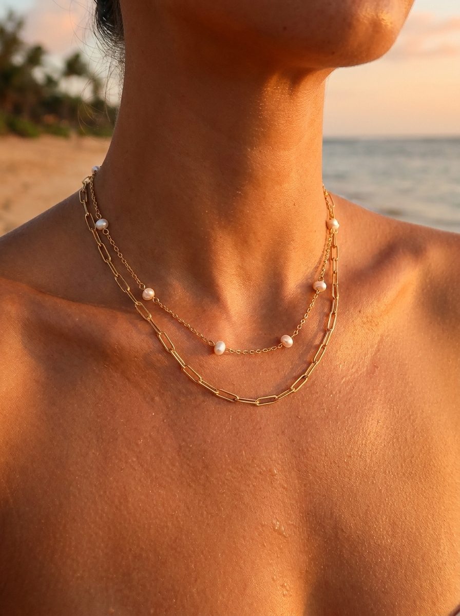 Laney Pearl Necklace styled with Maui Paperclip Necklace