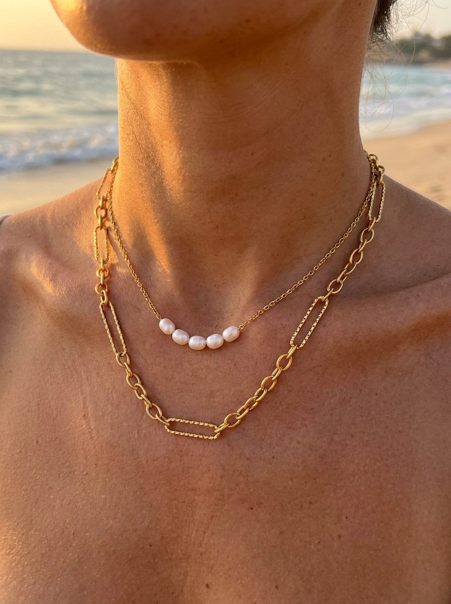 Dubai Hills Necklace styled with Kona Pearl Necklace