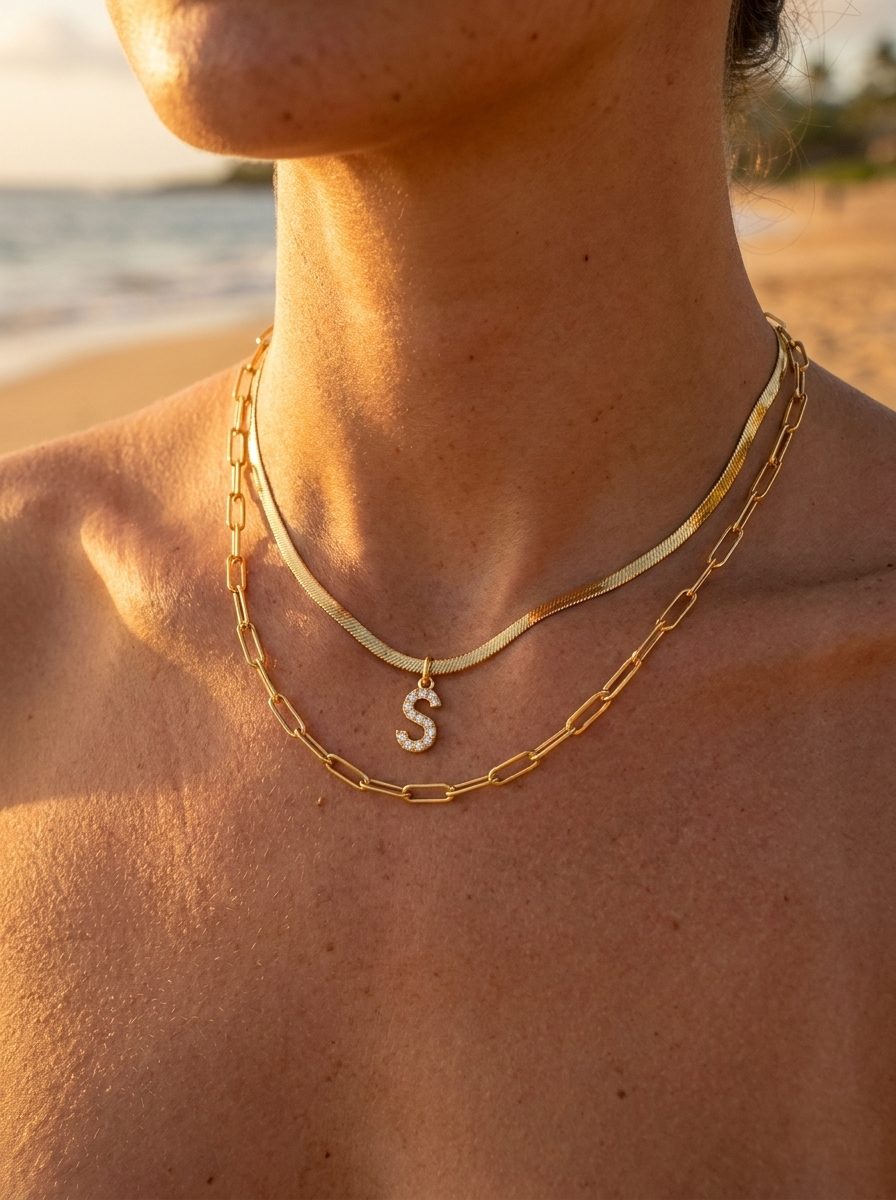 Melly® Diamond Initial Herringbone Necklace styled with Maui Paperclip Necklace