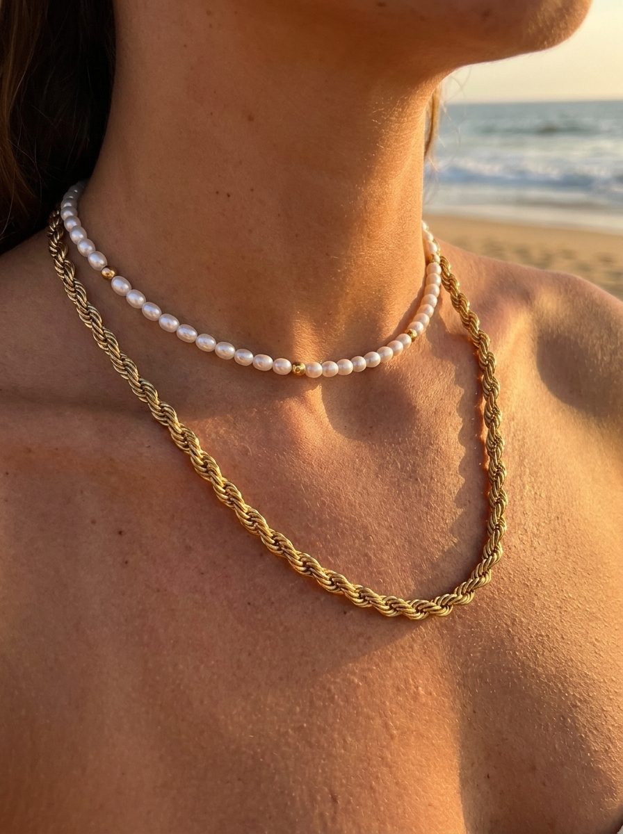 Aloha Pearl and Gold Choker styled with Coco Rope Necklace