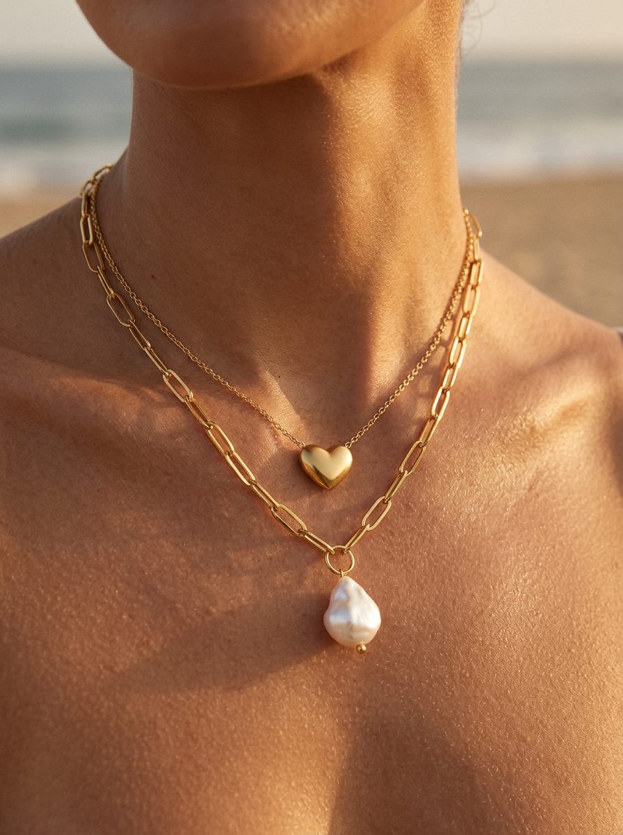 Riley® Dainty Heart Necklace styled with Hanalei Pearl Coin Necklace