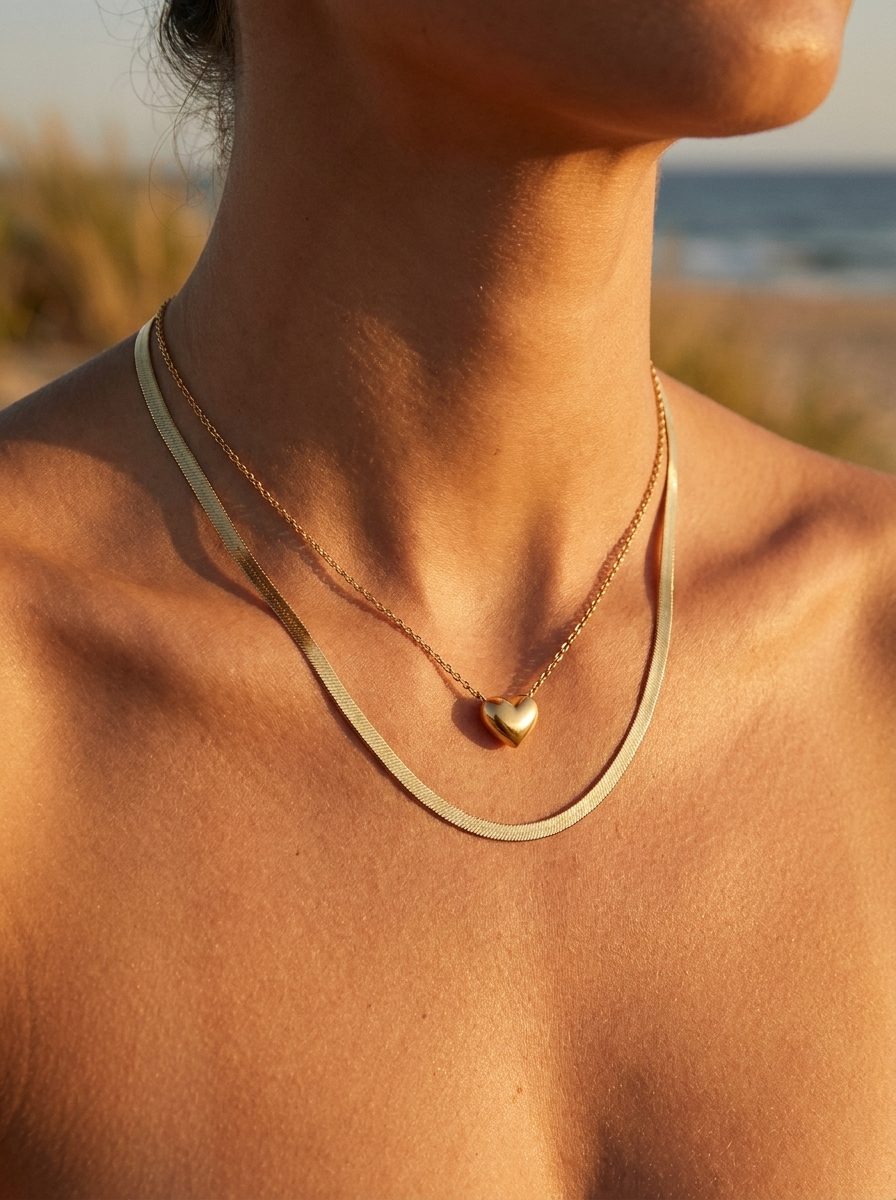 Riley® Dainty Heart Necklace styled with Chelsea Herringbone Necklace