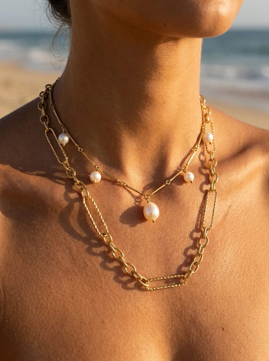 Santorini Pearl Necklace styled with Dubai Hills Necklace