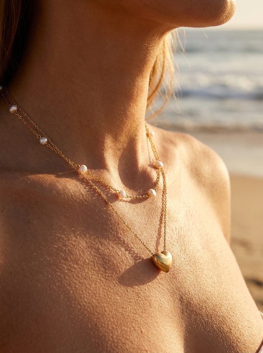 Riley® Dainty Heart Necklace styled with Laney Pearl Necklace